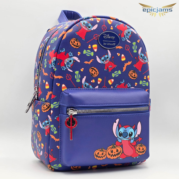 Disney Lilo & Stitch Red Devil Halloween Pumpkin Blue Mini Backpack Bag New - Picture 2 of 7